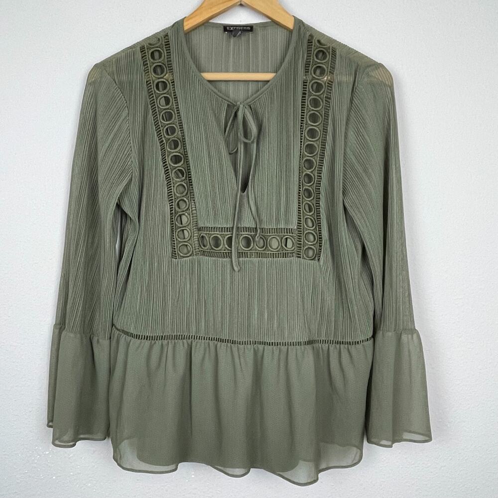 Express Green Crinkle Bell Sleeve Peplum Top Size S Y2K Forest Fairy Boho